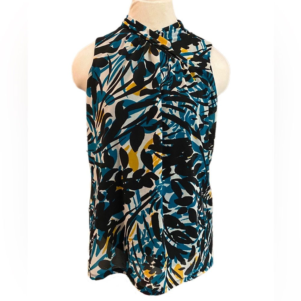Worthington | Sleeveless High Neck Blouse | Blue, Black, White, & Yellow